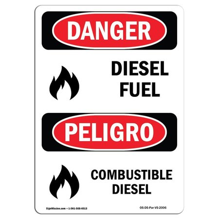 SIGNMISSION Safety Sign, OSHA Danger, 10" Height, Rigid Plastic, Combustible Diesel, Bilingual Spanish OS-DS-P-710-VS-2006